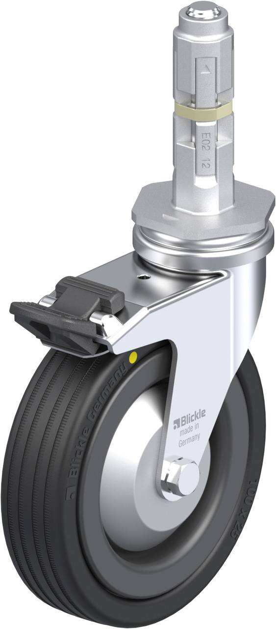 Industrie-Rad mit grauem Gehäuse, schwarzer Gummibereifung und Metallhalterung. Eingebaute Bremsvorrichtung und fixe Halterung.