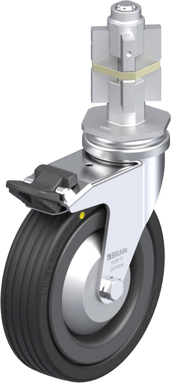 Schwenkrolle mit Kunststoffrad, silberne Metallhalterung, seitlicher Feststeller. Geeignet für Möbel oder Transportgeräte.