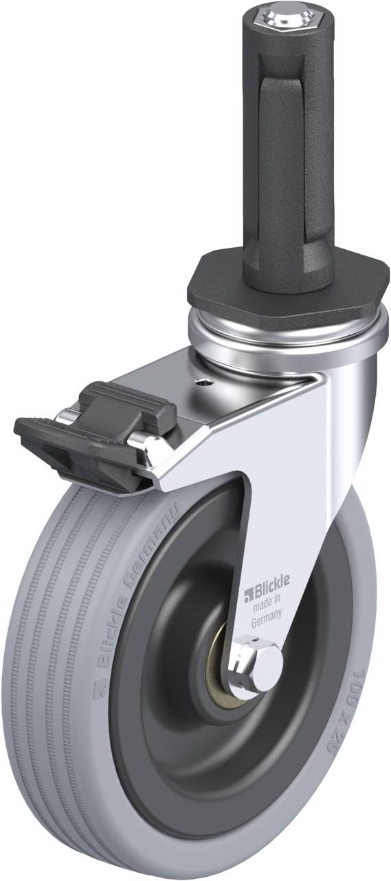 Industrie-Bockrolle mit grauem Rad und schwarzem Halter. Eignet sich für Transportmittel in Produktionsumgebungen.