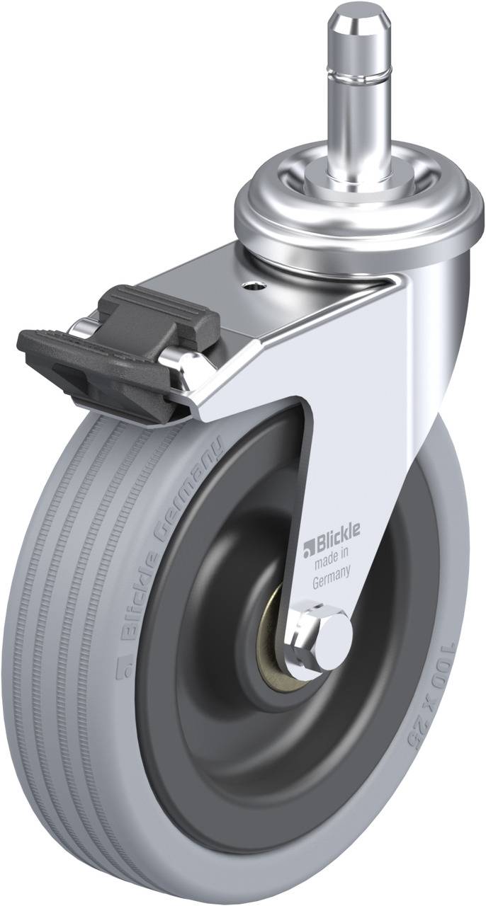 Rollenrad aus Metall mit Gummireifen, Bremsvorrichtung und Befestigungsstift, hergestellt von einem deutschen Hersteller.