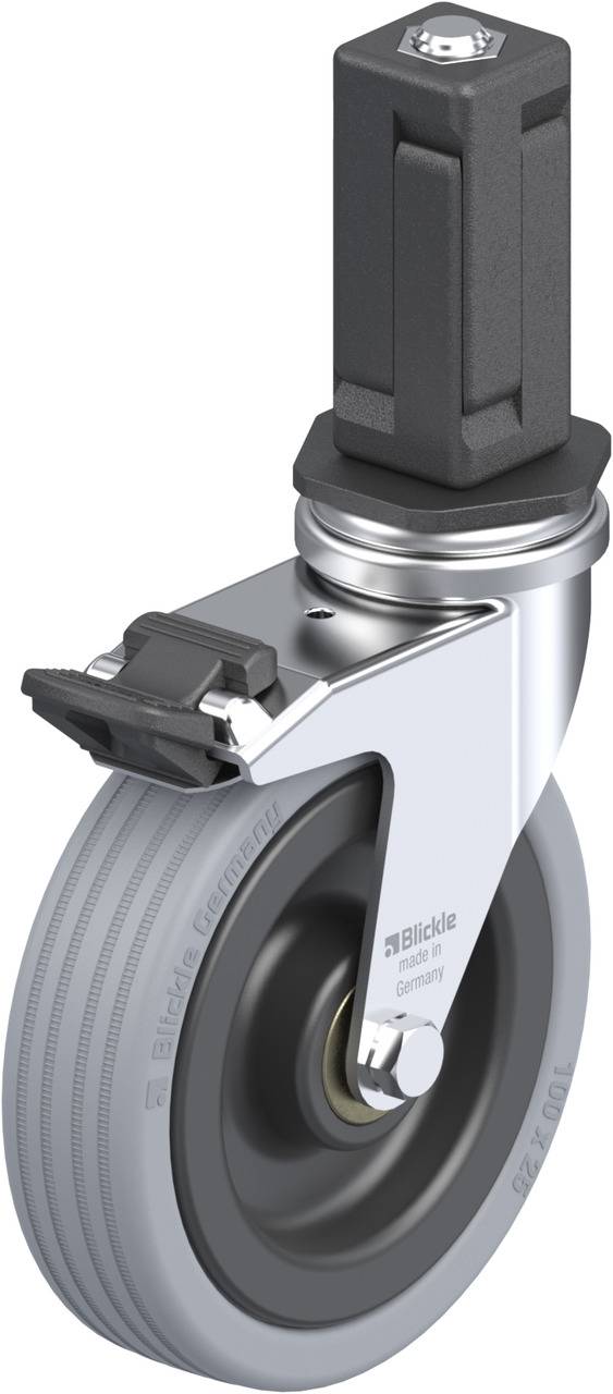 Schwenkrolle mit grauem Rad und schwarzem Drehstift, silbernem Gehäuse und integriertem Bremssystem.