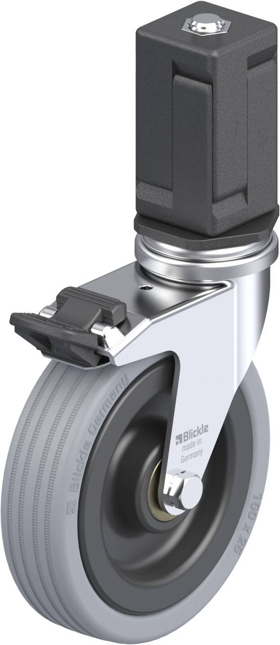 Schwenkrolle mit grauem Gummirad und schwarzem Gehäuse. Eignet sich für den Einsatz an Möbeln oder Geräten zur leichten Bewegung.