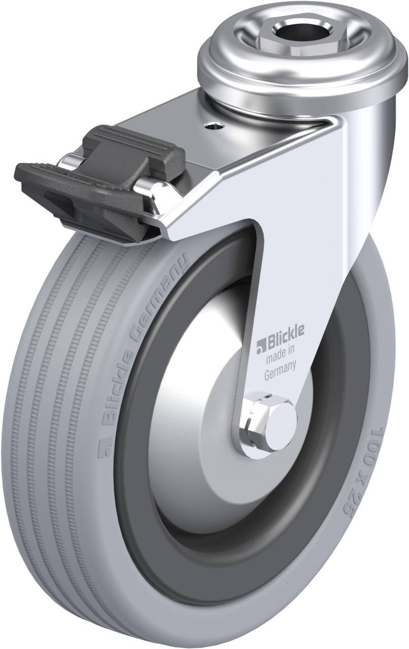 Schwenkrolle aus Metall mit Gummireifen und Bremsvorrichtung, hergestellt in Deutschland, mit Prägung des Herstellernamens.