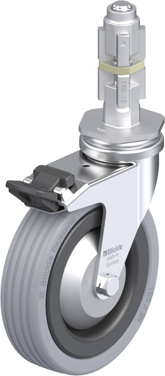 Lenkrolle mit feststellbarem Bremssystem, silber und schwarz. Geeignet für Möbelfüße oder Wagenaufbau. Robust und für viele Oberflächen einsetzbar.