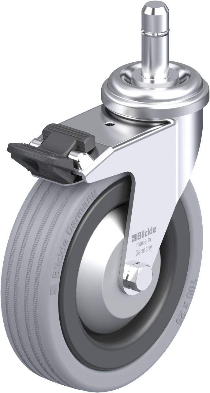 Industrie-Rolle aus Metall mit Rad aus Gummi und integriertem Bremssystem, geeignet für Transportwagen und Geräteträger.
