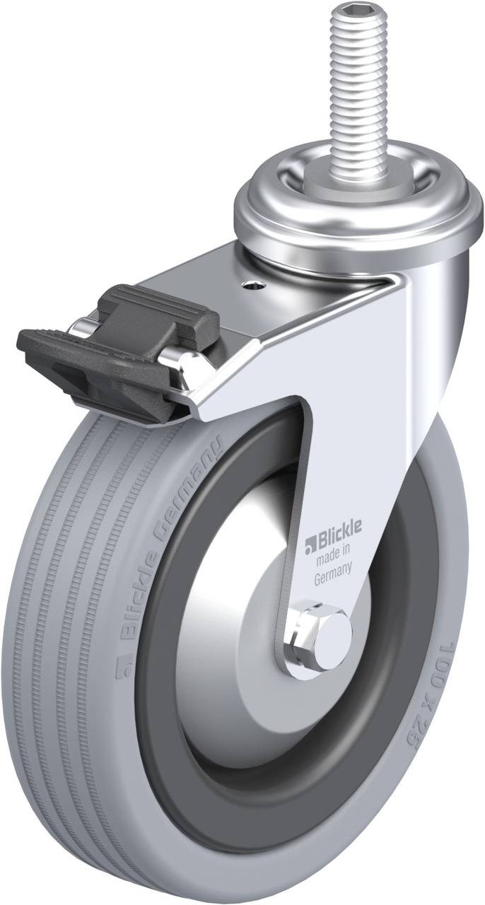 Metallisches Lenkrollenrad mit grauem Gummi, Bremse integriert. Oberer Bereich hat ein Schraubgewinde zur Befestigung. Markenname 'Blickle' sichtbar.