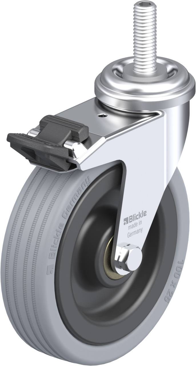 Graue Lenkrolle mit Bremse und Metallgehäuse, geeignet für schwere Lasten. Markenname 'Blickle' auf dem Reifen sichtbar.