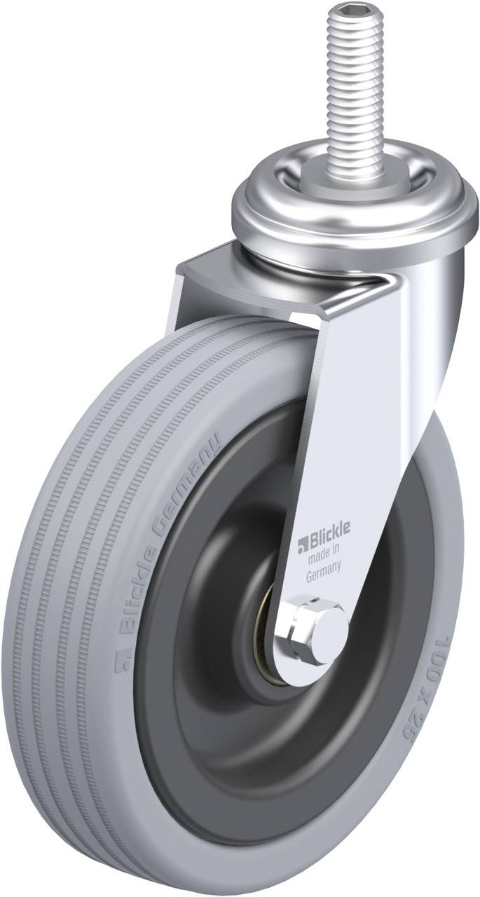 Ein schwenkbares Gehäuse mit grauer Rolle, silbernem Metallhalter und Schraubenachse. Markenname 'Blickle' in Deutschland.