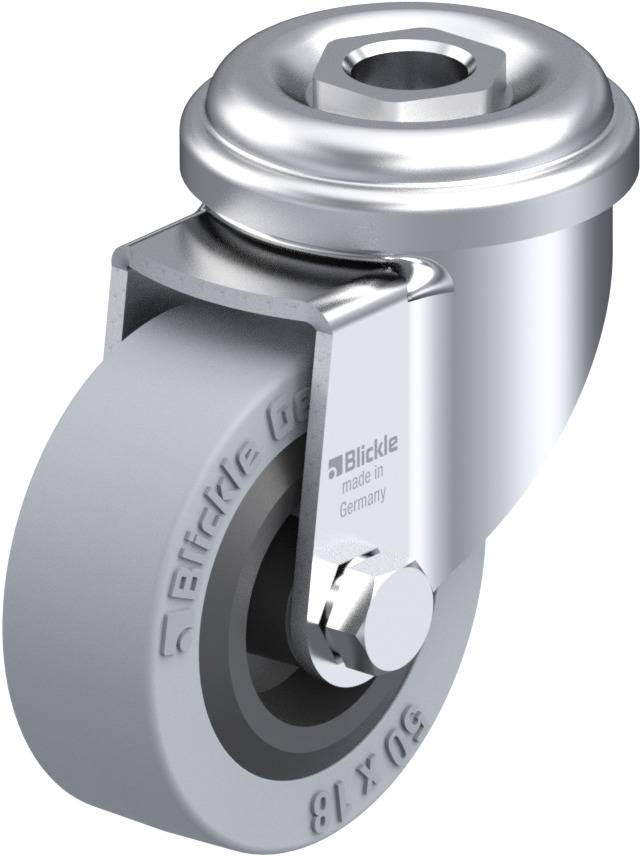 Graues Schwenkrollrad aus Metall und Kunststoff mit Prägung 'Blickle Germany' und Schraube oben, zur Befestigung an Geräten.