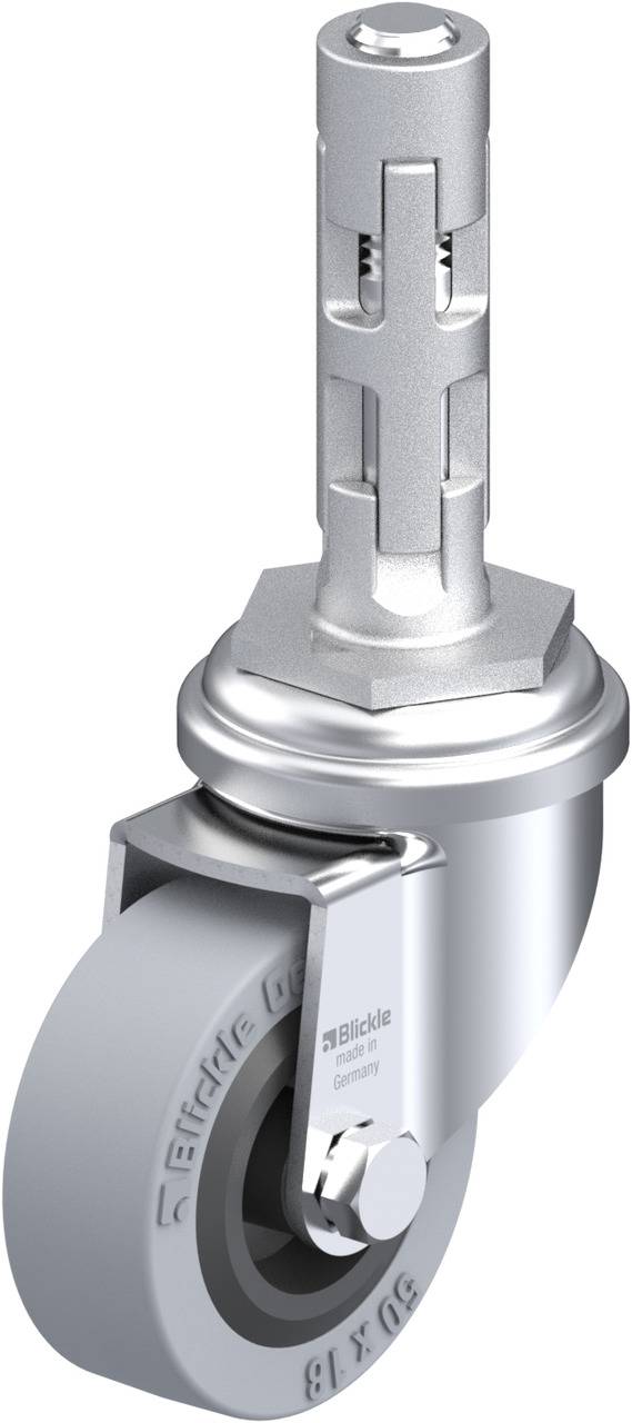 Grauer Lenkrollen mit Metallgehäuse, geeignet für Möbel oder Geräte, mit zylindrischem Stift zur Montage.