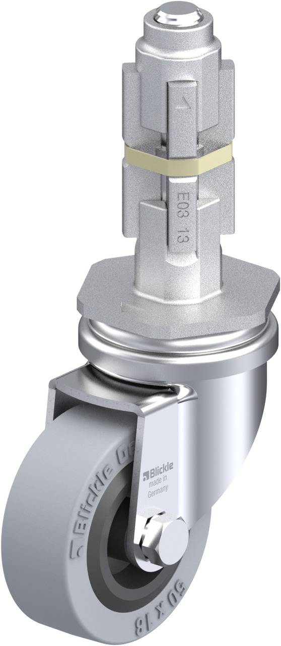 Metallisches lenkbares Industrierad mit Montagezapfen, geeignet für Maschinen oder Möbel. Glänzendes, stabiles Design.
