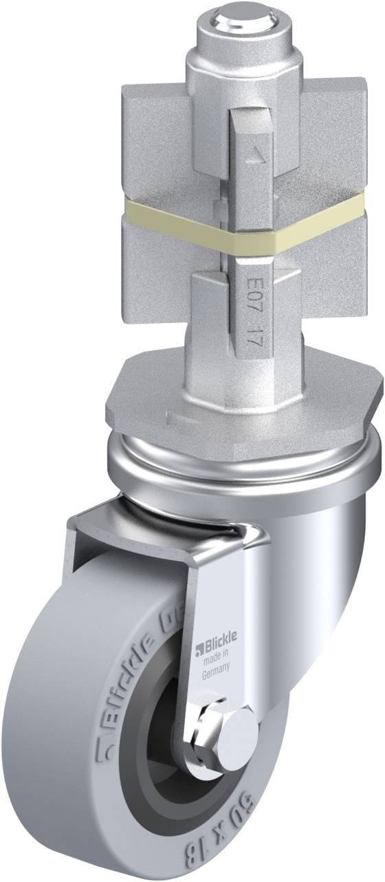 Metallisches Rad mit Befestigungsmechanismus, modelliert und in Silber gehalten, geeignet für den Einsatz an Möbeln oder Geräten.