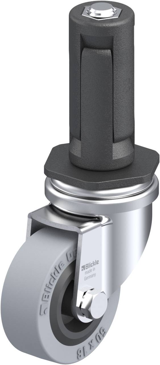 Industrie-Lenkrolle mit grauem Gummi-Rad und Metallgehäuse, geeignet für den Einsatz an Möbeln oder Geräten zur leichten Mobilität.