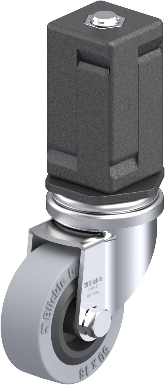 Schwenkrolle mit grauem Rad und schwarzem Gehäuse. Geeignet für geräuschlosen Transport und leichte Manövrierbarkeit.