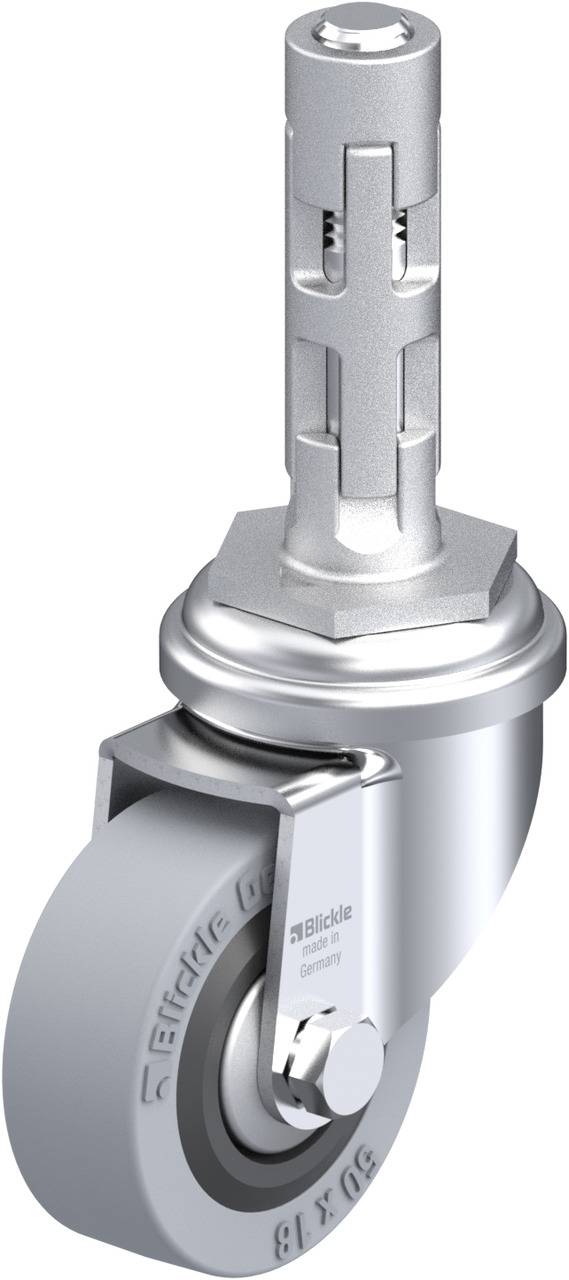 Rundes, silbernes Möbelrad mit Stiel und Drehgelenk. Geeignet zur Befestigung an Möbelunterseiten für einfache Beweglichkeit.