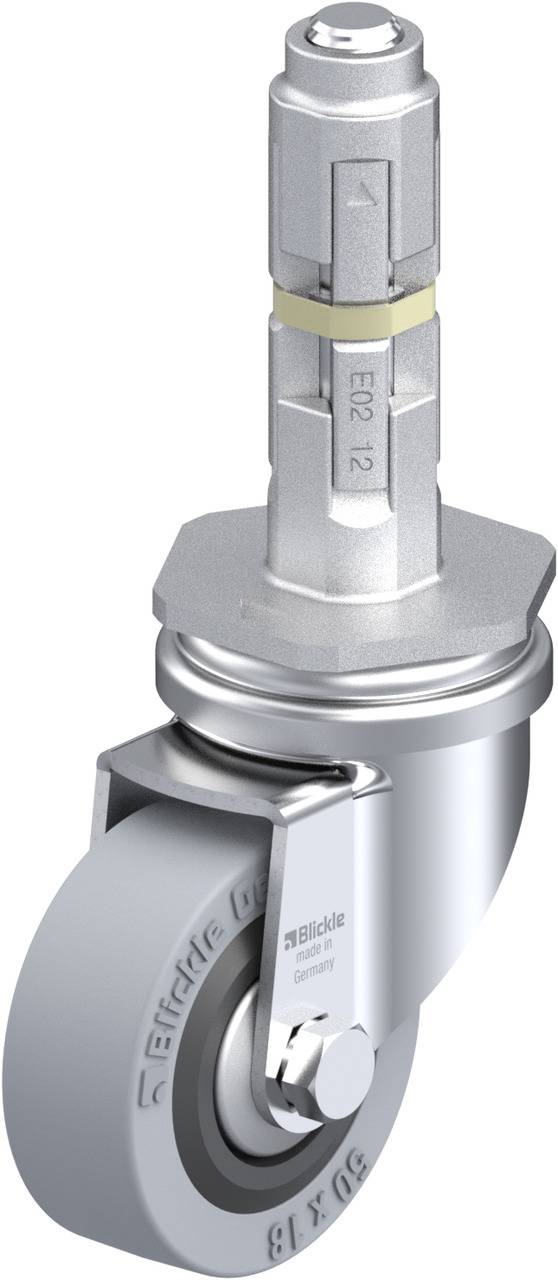 Silberne Lenkrolle mit grauem Rad, zylindrischem Gewinde und Befestigungselement. Geeignet für industrielle Anwendungen.