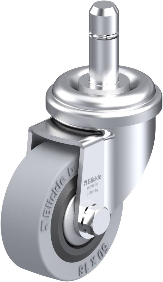 Ein silbernes Rad mit einer grauen Rolle und einem Metallbefestigungsstift, geeignet für Möbel oder Gerätebewegung.