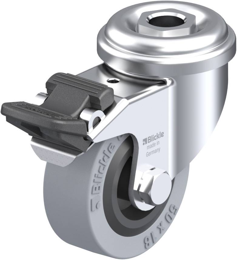 Metallrolle mit grauem Gummirad, seitlichem Bremshebel und Schraubplatte. Auf Schriftzug steht 'Blickle made in Germany'.