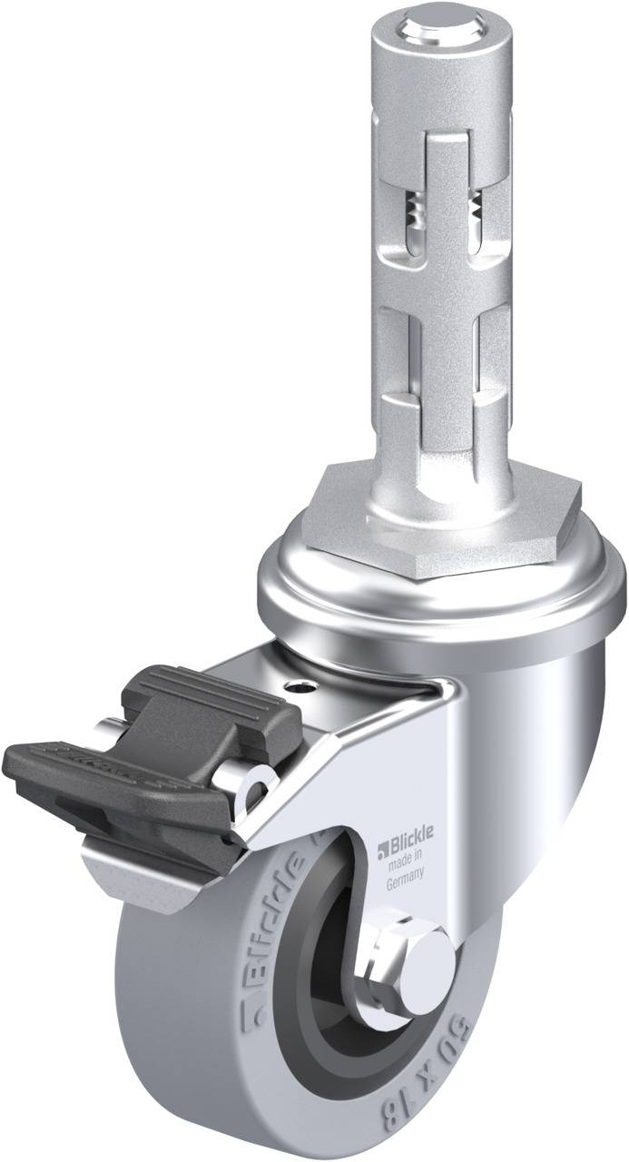 Ein silbernes Möbelrad mit Bremse und zylindrischem Befestigungselement, geeignet für Bürostühle oder leichte Möbel.