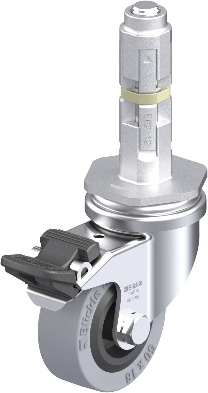 Darstellung einer Bockrolle aus Metall mit Bremse, seitliche Ansicht. Geeignet für schwere Lasten und industrielle Anwendungen.