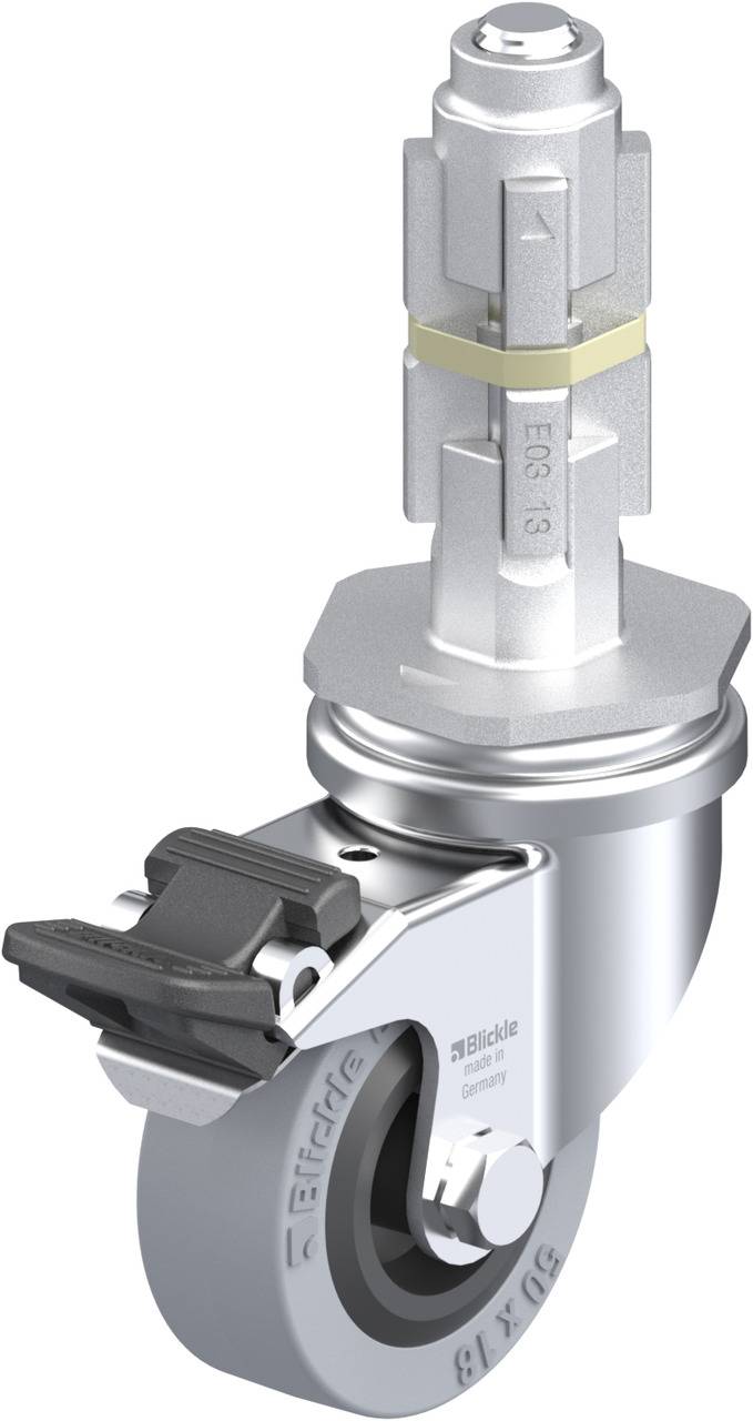 Industrielle Bockrolle aus Metall mit Bremse und Bolzen, geeignet für schwere Lasten in Möbeln oder Transportgeräten.