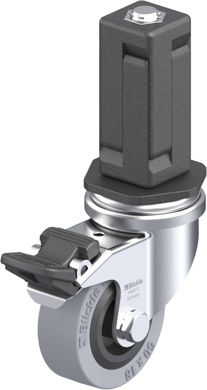 Schwenkrolle aus Metall mit rechteckigem Anschraubblock und Bremse, geeignet für industrielle Anwendungen.
