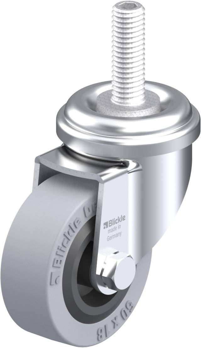 Graue Lenkrolle mit Metallhalterung und Gewindebolzen, beschriftet mit 'Blickle'. Geeignet für Möbel oder Industrieausrüstung.