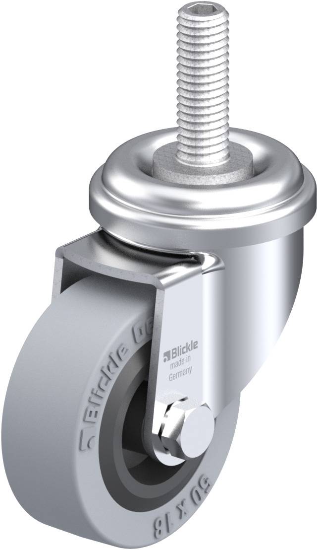Drehbares Rad mit grauem Reifen, Metallgehäuse und Gewindestift, geeignet für leichte bis mittlere Anwendungen im Innenbereich.