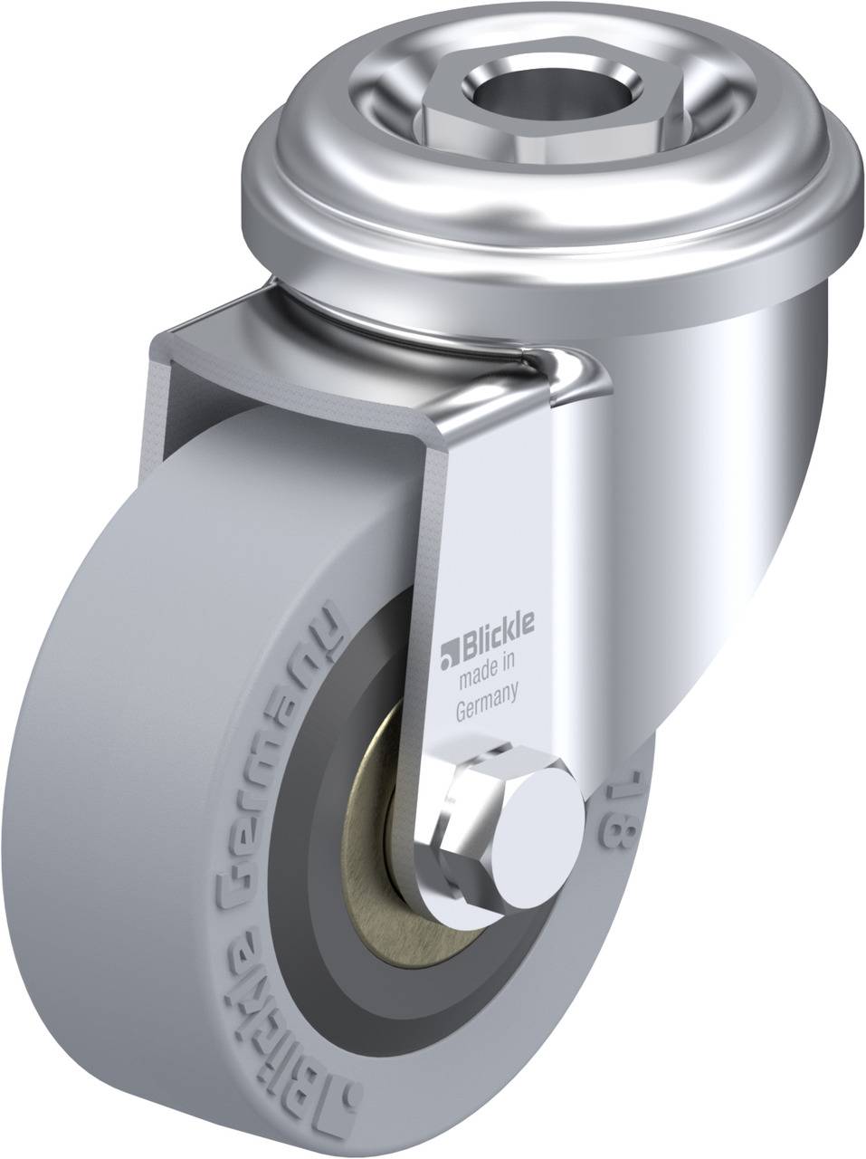 Schwenkrolle aus Metall und Gummi mit der Aufschrift 'Blickle made in Germany'.