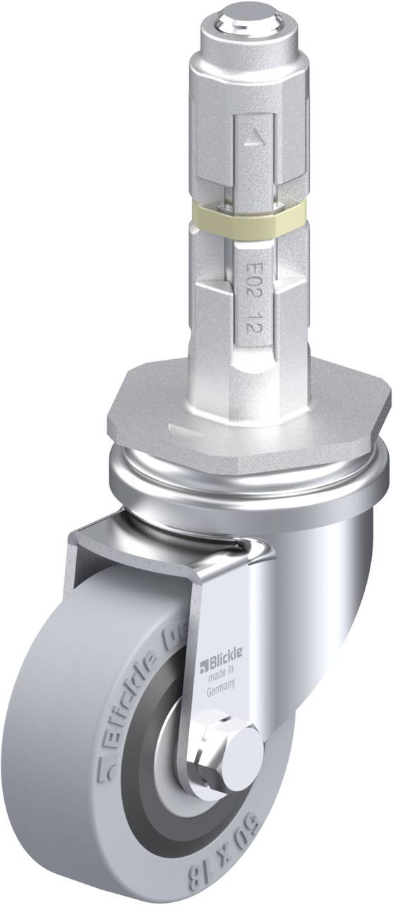 Rolle mit Metallbefestigung und grauem Rad, geeignet für industrielle Anwendungen. Text auf Rad: 'Blickle'.
