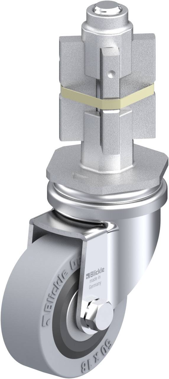 Schwenkrolle aus Metall mit zylindrischem Stift und grauem Rad. Geeignet für industrielle oder gewerbliche Anwendungen.