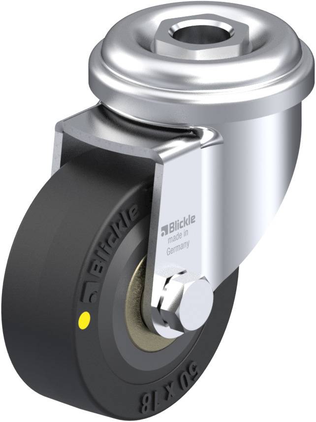 Schwenkrolle mit schwarzem Rad und Metallgehäuse; Inschrift 'Blickle made in Germany'. Ideal für leichte Transportgeräte.