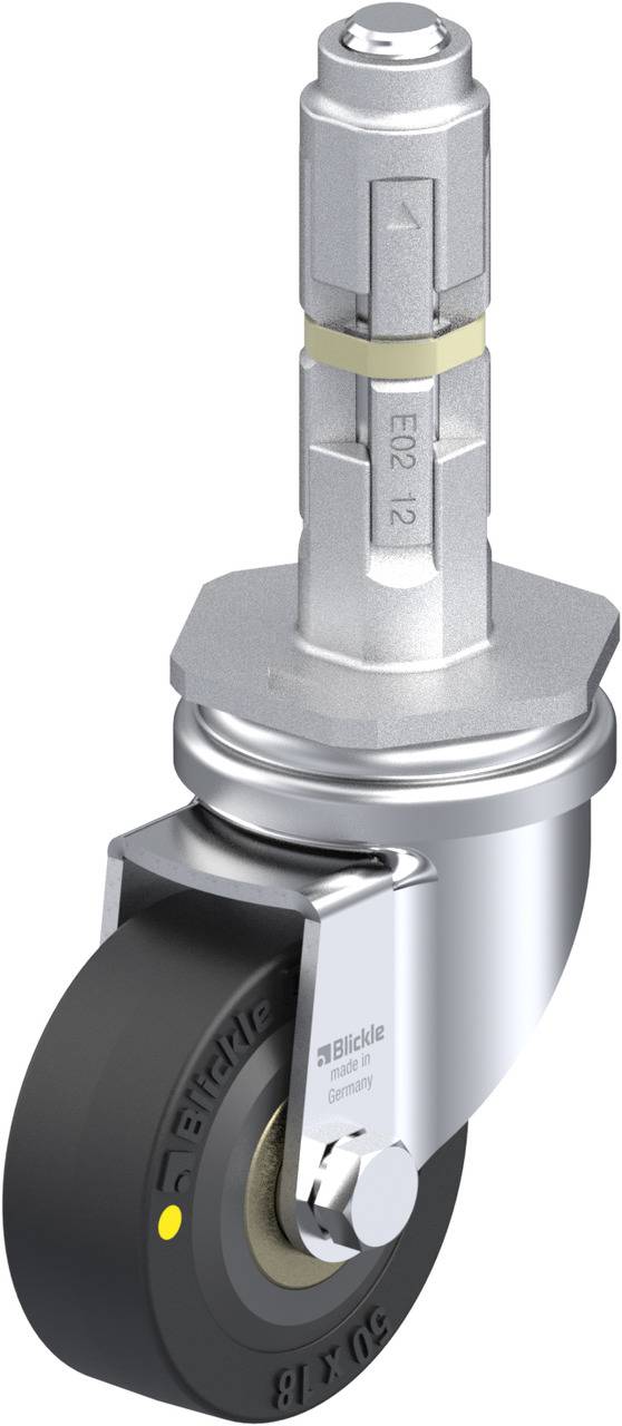 Silbernes Lenkrolle mit schwarzem Rad und Befestigungsbolzen; für leichte bis mittelschwere Anwendungen, zeigt Markendetails.