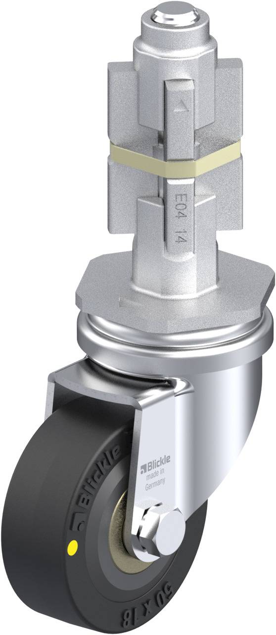 Industrie-Rolle mit drehbarem Metallgehäuse, schwarzem Rad und gelber Markierung, geeignet für schwere Lasten.