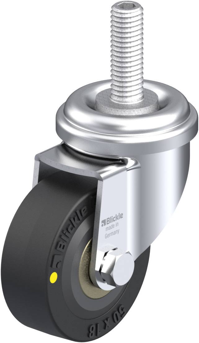 Schwenkrolle mit schwarzem Rad, silbernem Metallhalter und Gewindestift oben zur Montage.