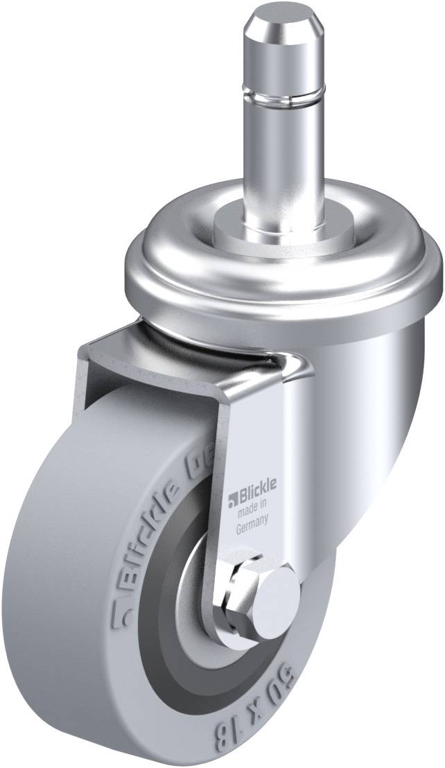 Metallisches Schwenkrollensystem mit grauem Rad, geeignet für industrielle Anwendungen. Sichtbar sind Lager und Bolzen zur Befestigung.