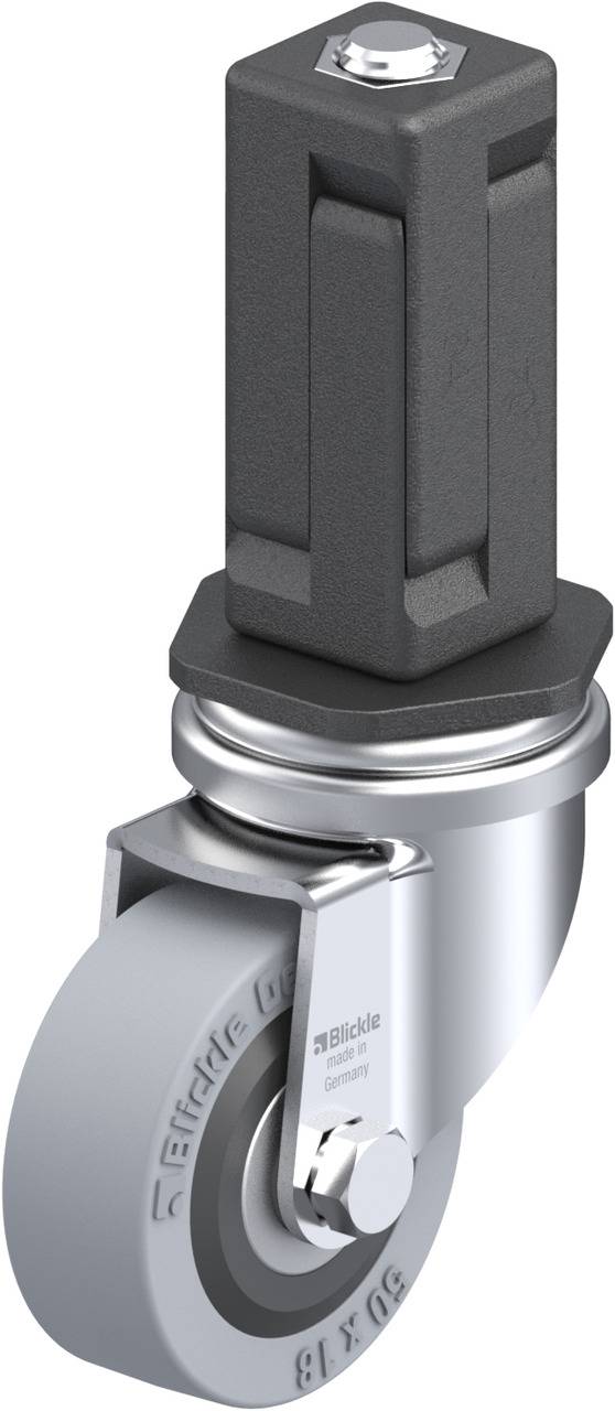Industrielle Lenkrolle mit rechteckiger Stiftverbindung, Metallgehäuse und Gummirad, geeignet für Maschinen und Schwerlastmöbel.