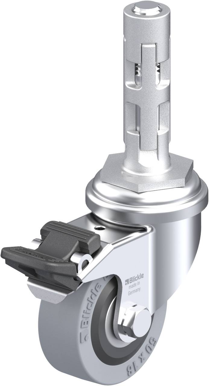 Eine Metallrolle mit Befestigungsstift und Bremse, geeignet für Möbel oder Transportgeräte. Die Oberfläche ist glatt und silbern.