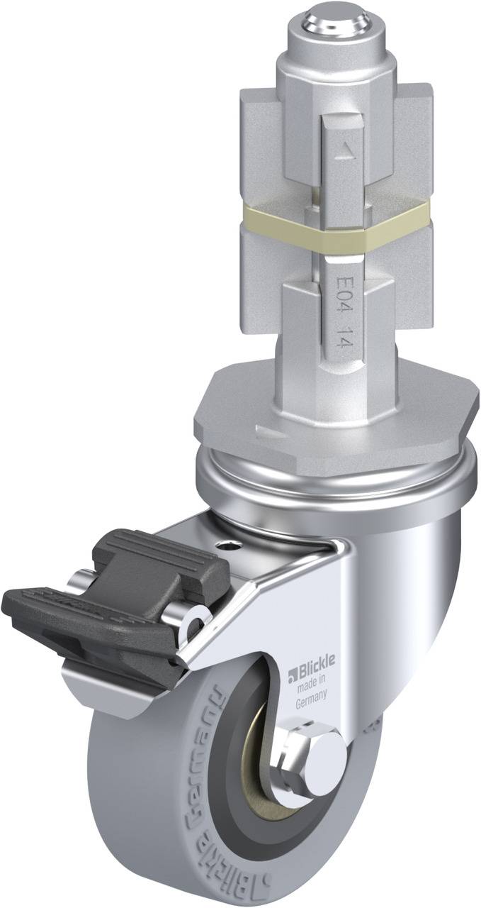 Industrie-Lenkrolle mit grauer Gummilauffläche und silbernem Metallgehäuse, ausgestattet mit Bremse und drehbarem Aufbau.