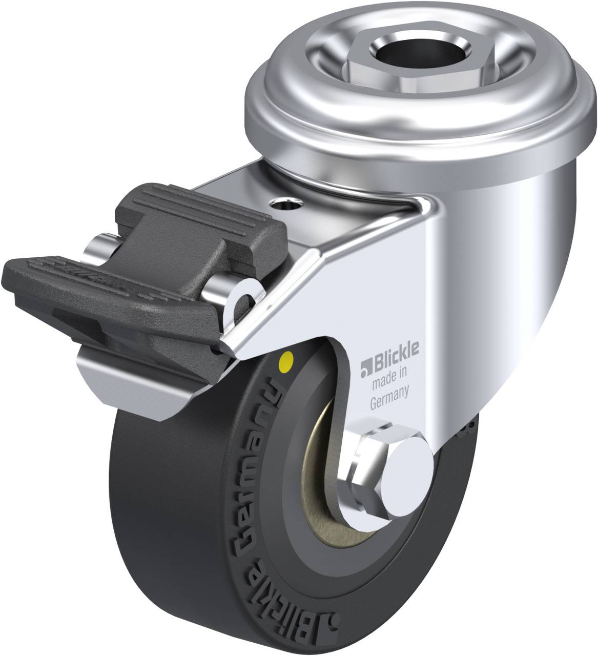 Metallisches Schwerlast-Lenkrolle mit schwarzem Rad und Bremsenmechanismus, hergestellt in Deutschland von Blickle.