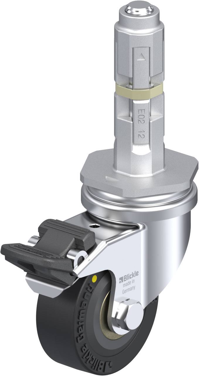 Schwenkrolle mit Bremse, montiert an einem Metallträger. Geeignet für Möbel oder Geräte, um Mobilität zu ermöglichen.