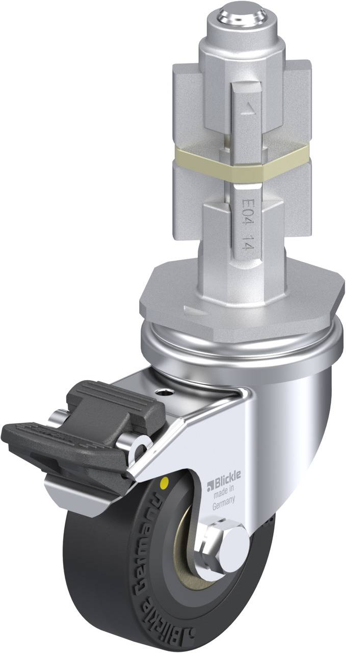 Industrie-Lenkrolle mit fest montierter Bremse und grauem Rad auf einer Metallhalterung; eingesetzt zur Lastenbewegung.