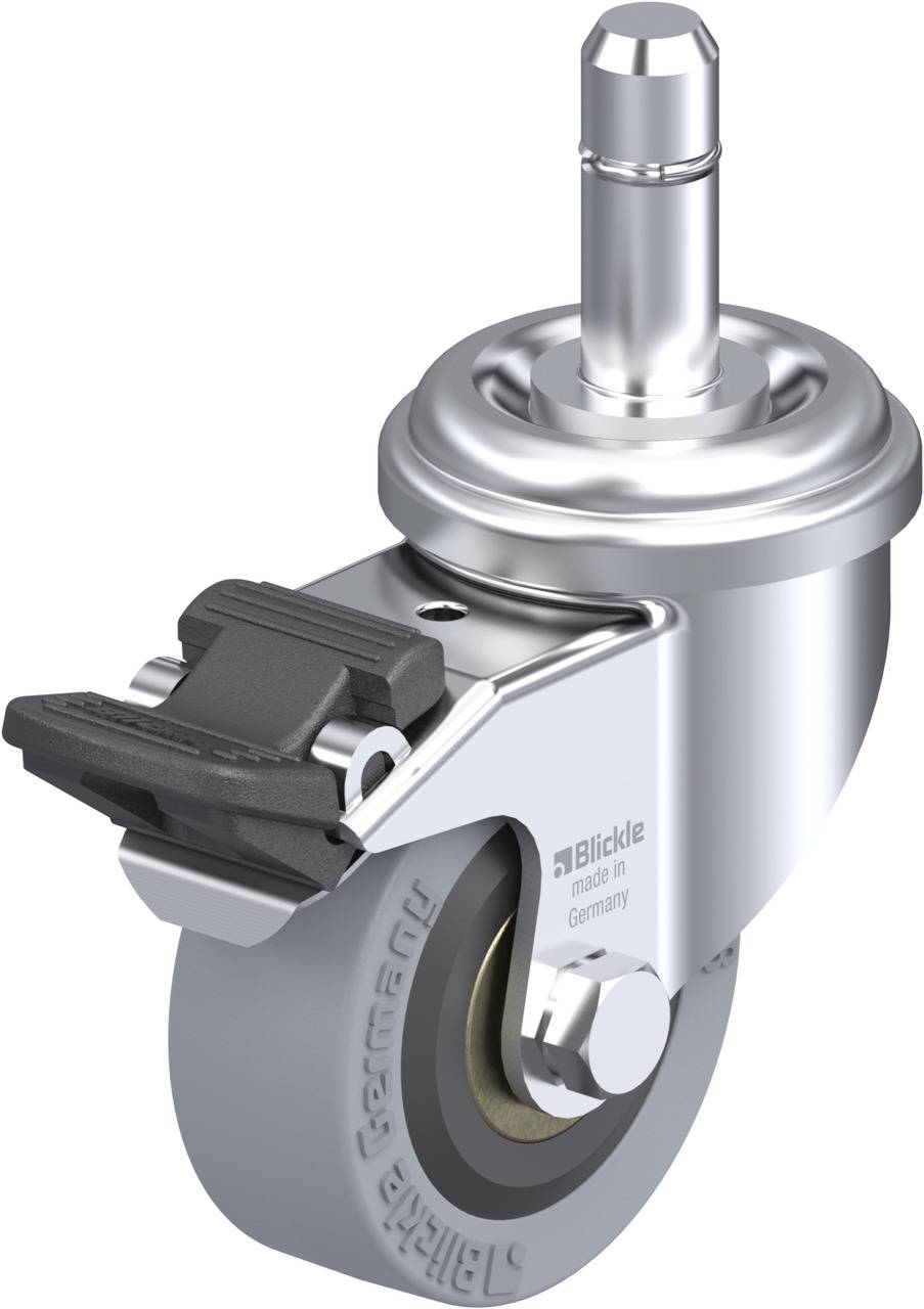 Rollenrad mit Metallgehäuse und Feststellbremse, geeignet für Möbel oder Wagen.