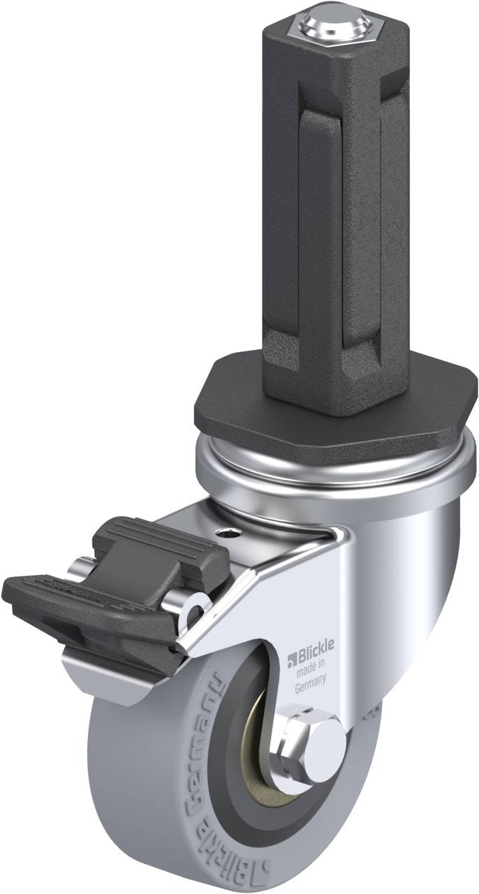 Rollenrolle mit grauer Bremse und schwarzem Stiftaufsatz, geeignet für Möbel oder Transportgeräte. Rollen bieten Flexibilität und Stabilität.