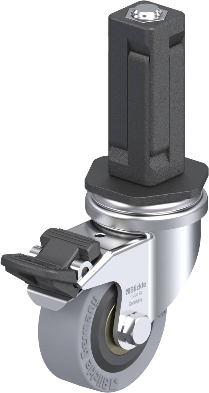 Schwenkrolle mit Bremse und festem Polyurethanrad, geeignet für glatte Böden, silberfarben und schwarz, Details gut sichtbar.