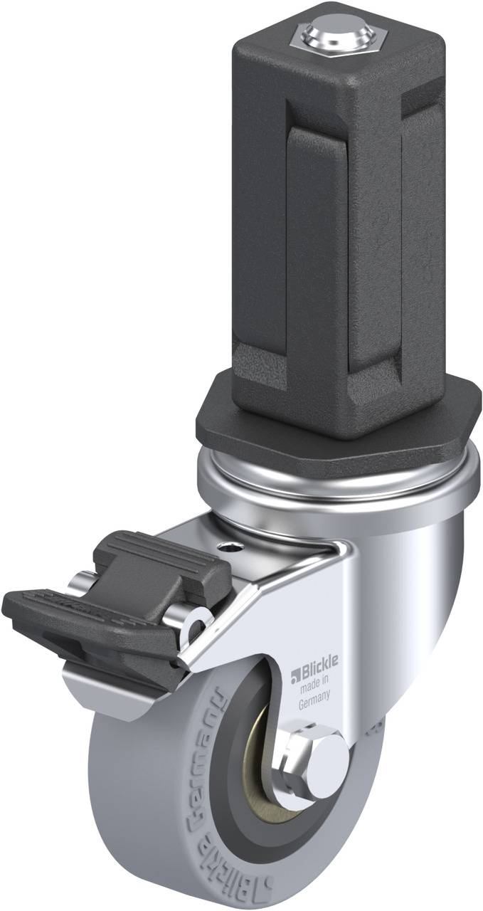Industrie-Lenkrolle mit schwarzem Gehäuse, grauem Rad und Feststellbremse. Designed für schwere Lasten und reibungslose Beweglichkeit.