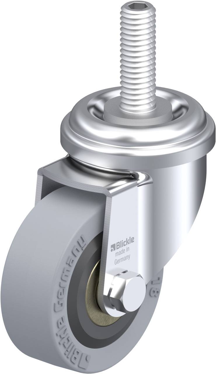 Drehbares Lenkrollenrad mit grauer Gummirolle und metallischer Stange, geeignet für Möbel- oder Gerätemontage.