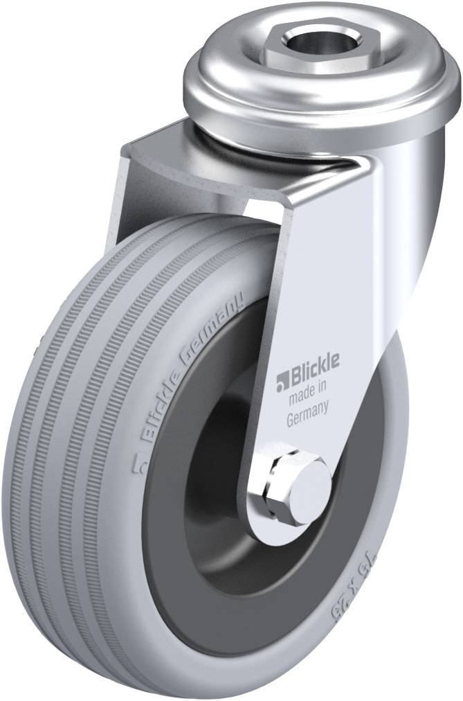 Schwenkrolle in Metallgehäuse mit grauem Reifen und Kugellager, markiert mit 'Blickle made in Germany'.