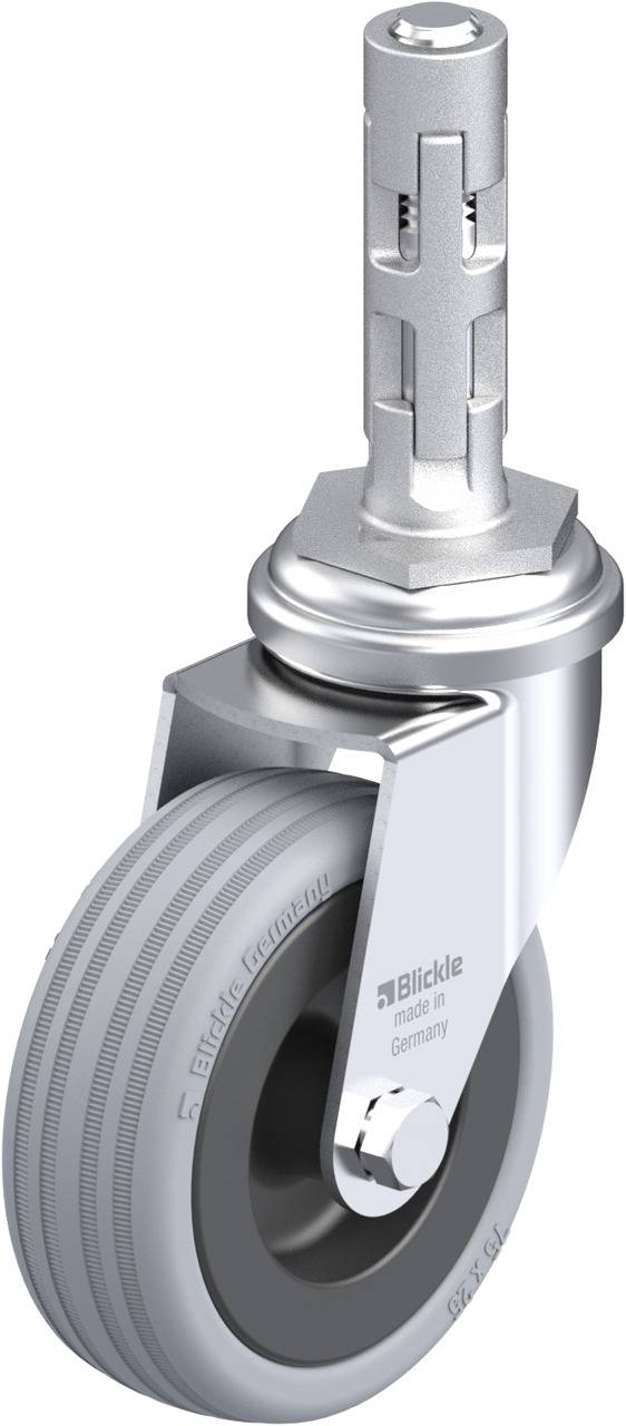 Industrie-Lenkrolle aus Metall mit grauem Rad und Elastiklaufbelag, geeignet für schwere Lasten in industriellen Umgebungen.