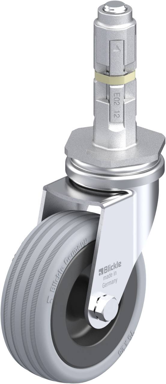 Drehbares Industrierad mit grauer Gummilauffläche und Metallhalterung, geeignet für den Einsatz an Maschinen oder Wagen.